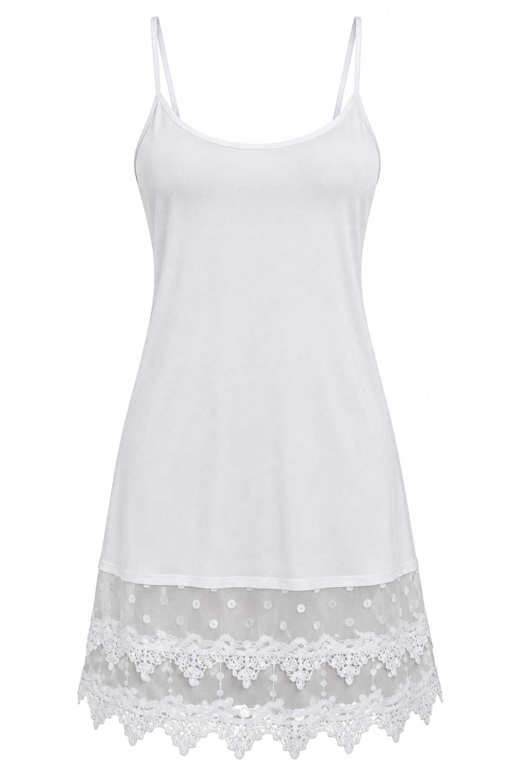 Trestles Clothing Company white cami slip dress extender with delicate scalloped lace hem and adjustable straps
